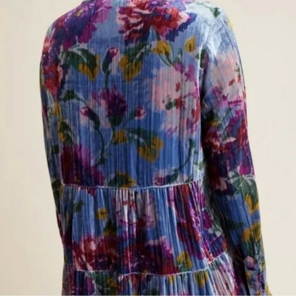 Anthropologie Blue Multi Floral Velvet Tiered Button-Up Tunic NWT - Picture 3 of 10